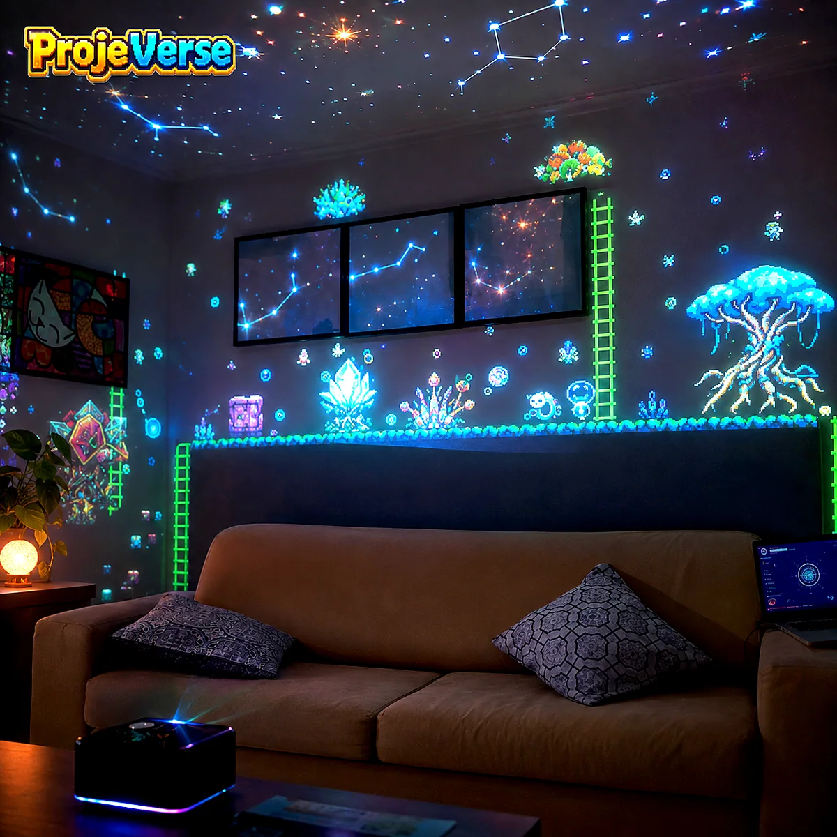 Projetor do ProjeVerse transformando uma sala em cenário digital